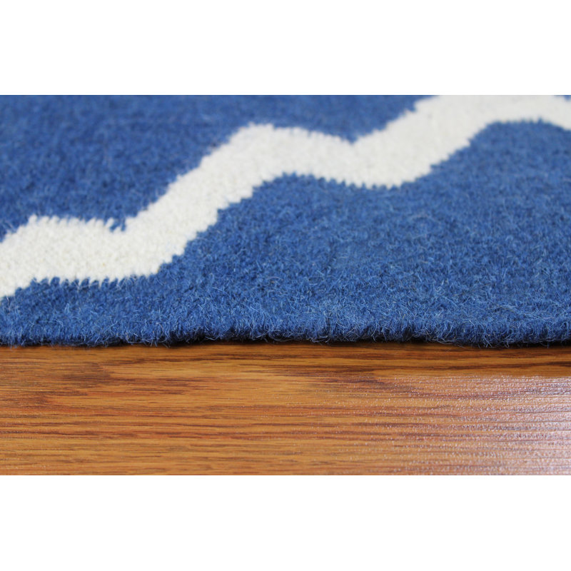 Bleu/Tapis décoratif Ivoire en laine tissé à la main à motif géométrique Buster, Rectangle 5 pi x 8 pi