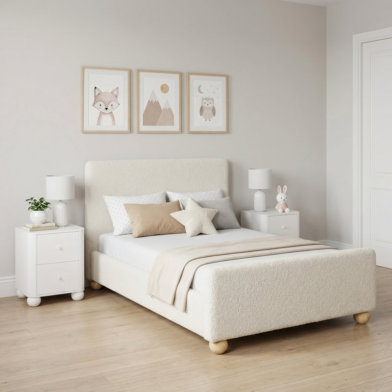 Modern Upholstered Kids Twin Bed Frame With Round Feet, Ivory