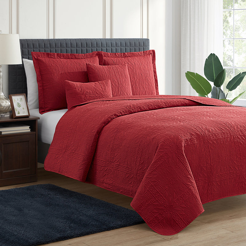 Grid Weave Premium Microfiber Reversible Quilt Set, Twin Quilt + 3 Shams, Burgundy Red