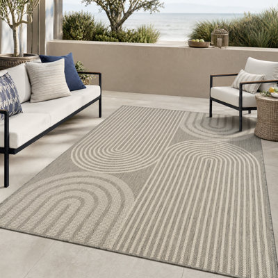 Tapis intérieur/extérieur géométrique gris/blanc résistant aux UV