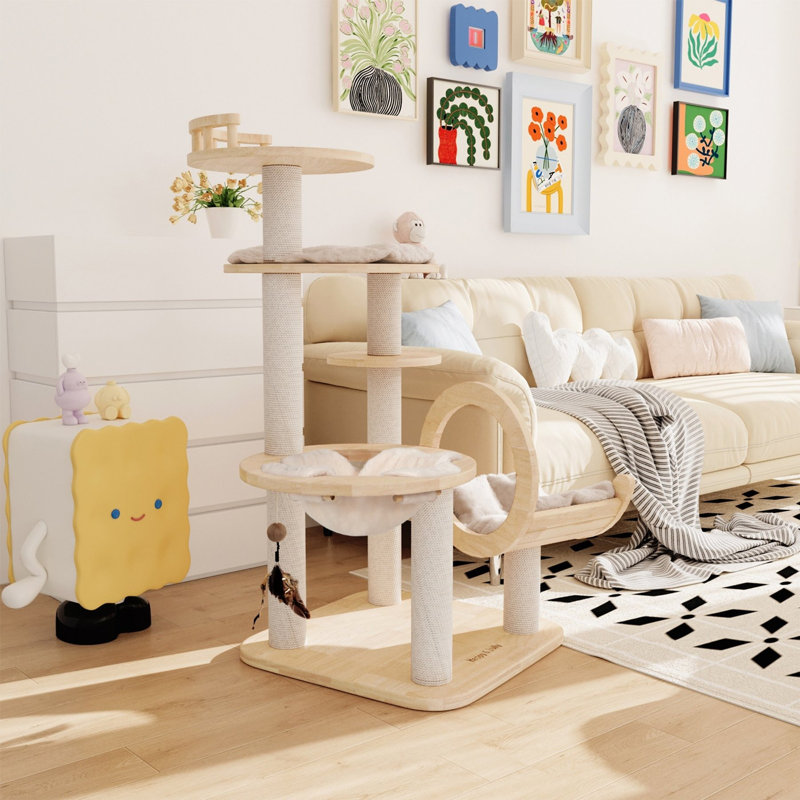 Arbre à chat transformable 57 po, tour à chat en bois moderne pour grands chats avec poteaux à griffer
