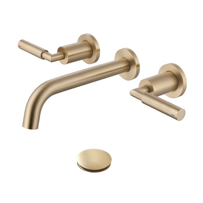 Modern Wall Mounted 2-handle Bathroom Sink Faucet in Brushed Gold, Solid Brass With Drain Assembly