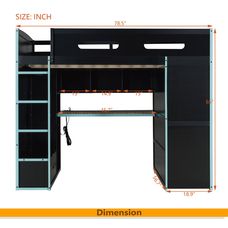 Full Size Wood Loft Bed With Desk,Wardrobe,Ample Storage Space,And RGB LED Light, Blue