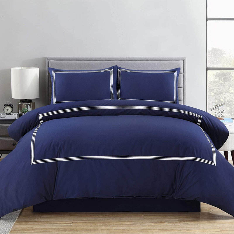 My Home Store Junco Duvet Cover Set Microfiber 3 Piece Luxury Bratta Stitch Duvet Cover Sets With Pillowcase, Navy Blue/White