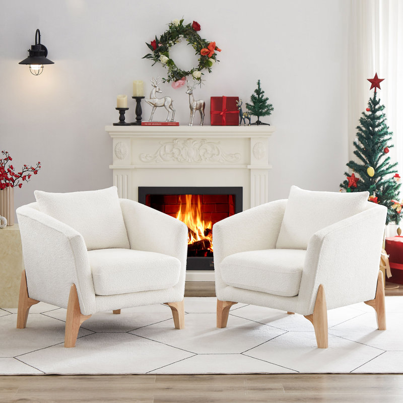 Fauteuil demi-tonneau rembourré Kervin, ensemble de 2, Boucle blanc, Brun