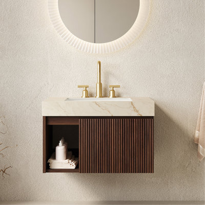 Meuble-lavabo 30 po, meuble de rangement flottant, plateau en pierre frittée crème et vasque en céramique avec 3 trous de robinet pré-percés, ensemble de robinet et de drain NO, couleur grain de bois noyer