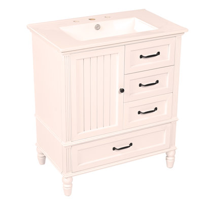 Meuble-lavabo de 30 po avec lavabo, armoire de salle de bain avec porte, trois tiroirs, pieds en bois massif et panneau de fibres à densité moyenne, patins réglables
