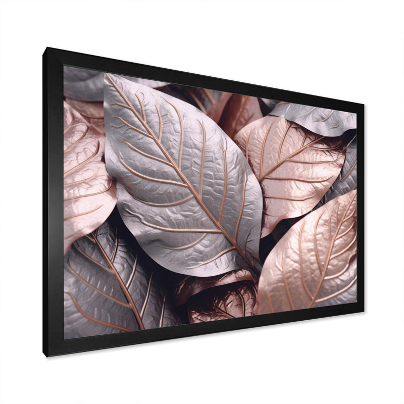 «Gold Pink Leafs Harmony I» sur toile, Cadre photo noir, H 24 po x l 32 po x P 1 po