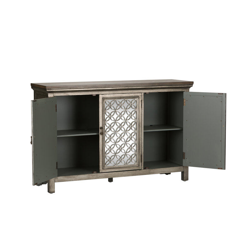 Zavier Mirrored Solid and Manufactured Wood Accent Cabinet, 36.5" H x 56" W x 17" D, Brown