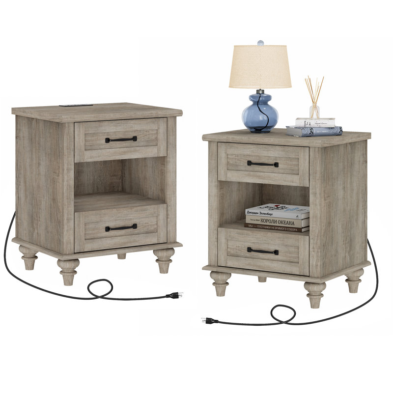 Endymion - Drawer End Table Set and Built-In Outlets, 2, Gray