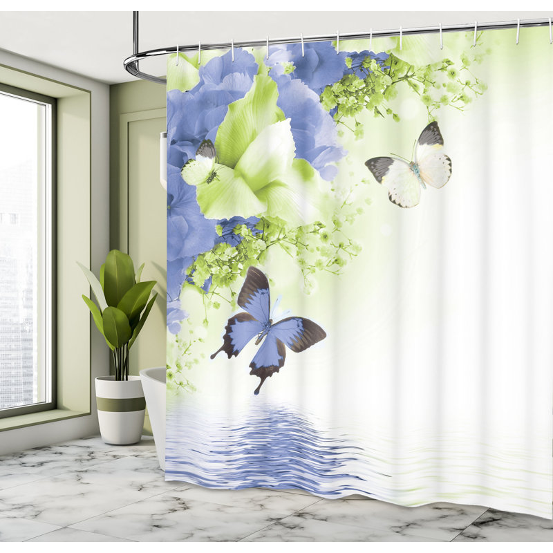 Ensemble de rideau de douche floral et crochets, H 70 po x l 69 po, Bleu plafond