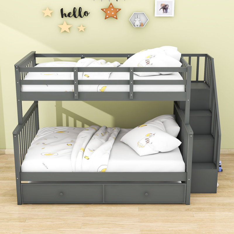 Kids Twin Over Full Bunk Bed with Trundle, Gray