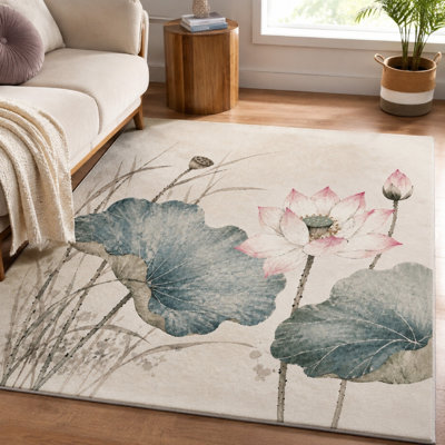 1 lot de conception artistique de lotus - imprimé nénuphar, motif floral vibrant, lavable et facile d'entretien, grand tapis mince, envers antidérapant, idéal pour le salon, la cuisine, la cuisine, l'intérieur et la maison