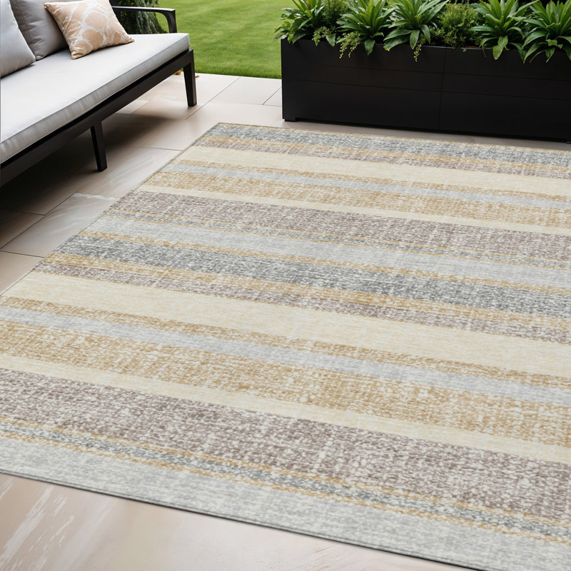 Tapis intérieur lavable rayé doré et argenté 5 pi x 8 pi, Rectangle 5 pi x 8 pi