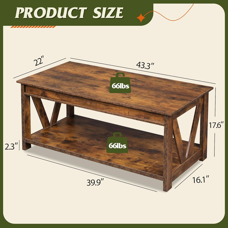 Eoghan Farmhouse Coffee Table with Storage Shelf, Rustic Wood Square Coffee Table with X-Frame Base for Living Room