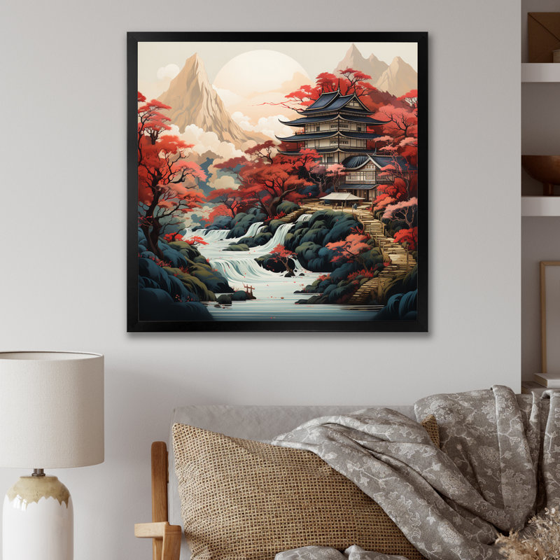 Art asiatique, paysage sur toile, H 36 po x l 36 po x P 1,5 po, Cadre simple noir