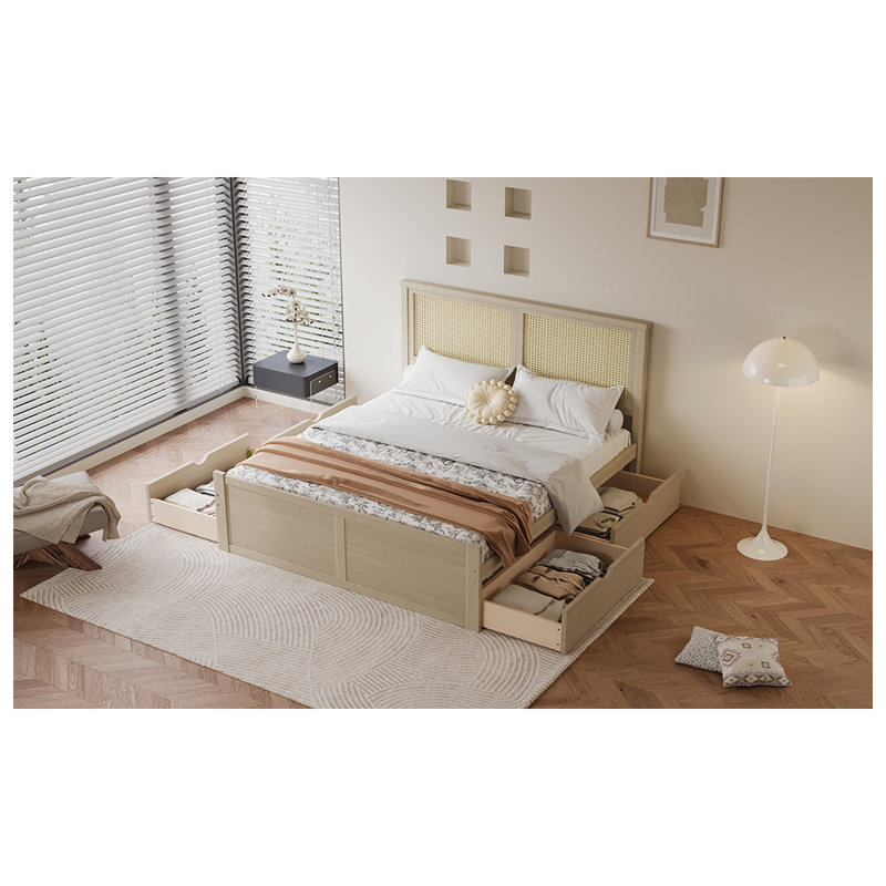 Lit plateforme avec rangement en bois 4 tiroirs, Nature, Double