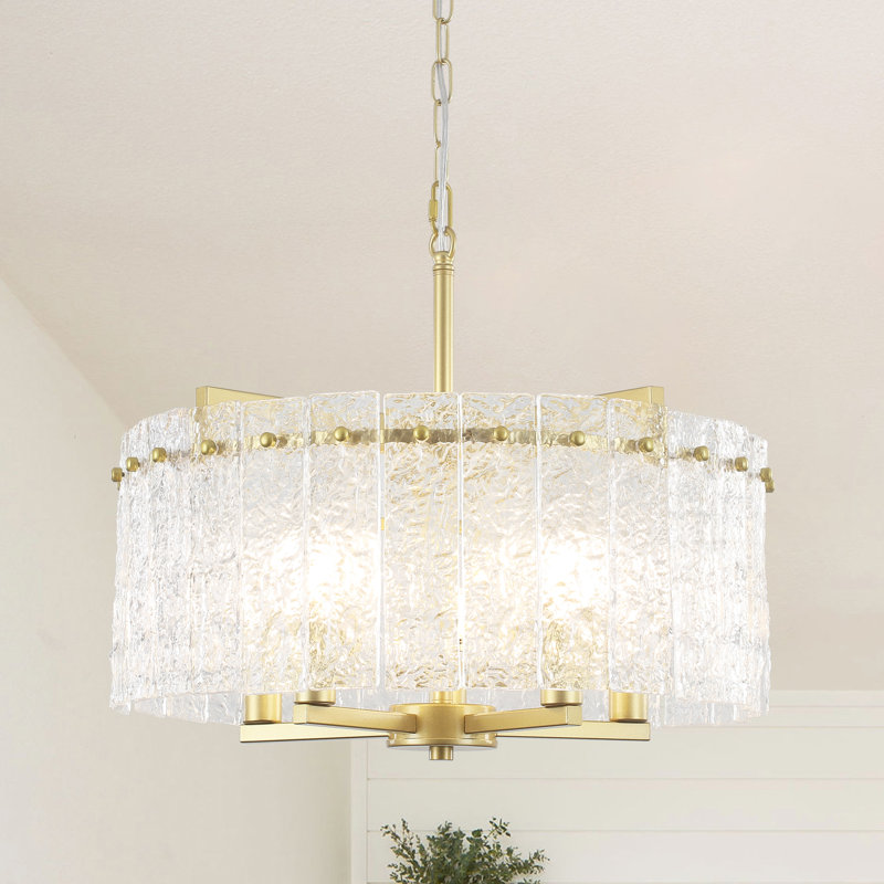 Modern 5-Light 18.7" Wave Shape Glass Round Drum Chandelier, Doré