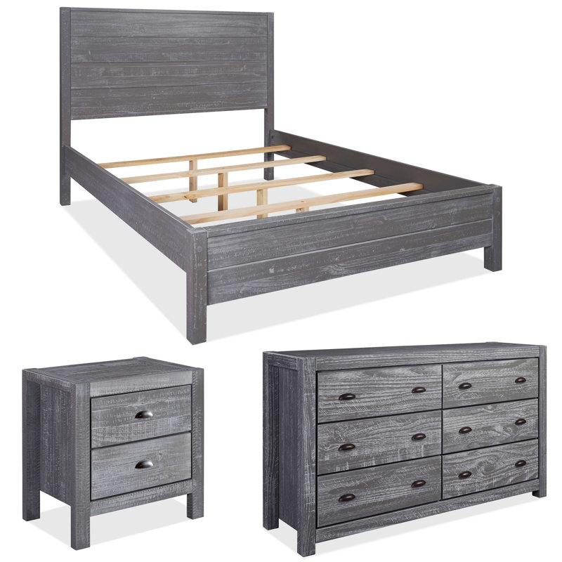 Montauk Solid Wood Bedroom Set, Rustic Gray, King, 3 Pcs: Bed, Nightstand, Double Dresser