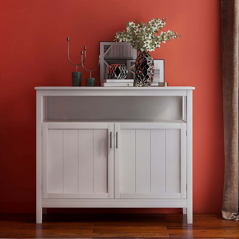 Console en bois avec armoire, 2 tablettes, Blanc