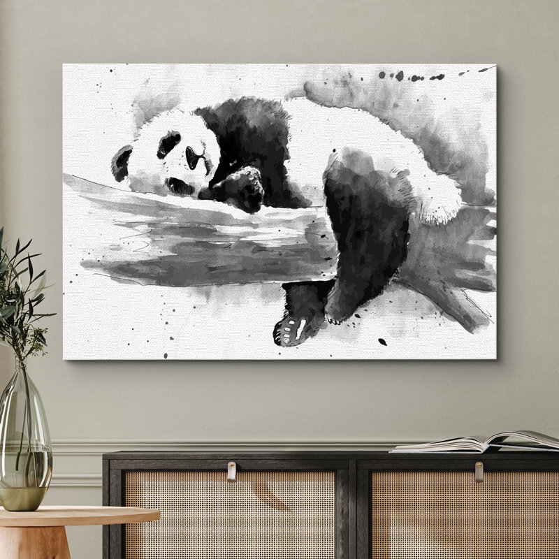 Animaux, aquarelle, explosion, noir et blanc, panda endormi, H 16 po x l 24 po, Toile tendue