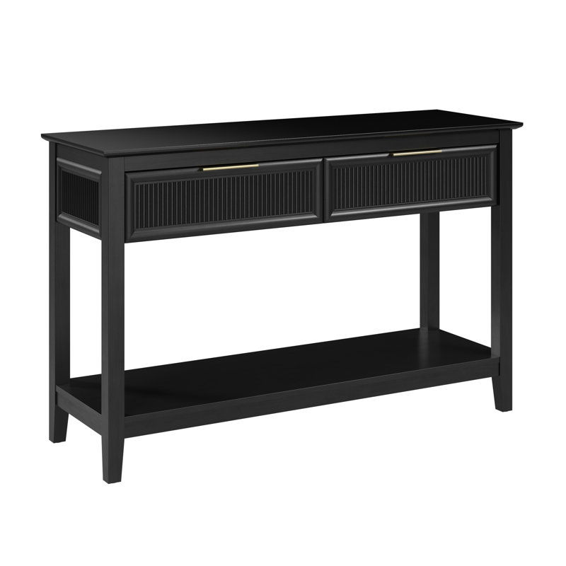 Narrow Console Table with Drawers and Shelf, Fluted Design, Modern Wood, Onyx Birch, Black