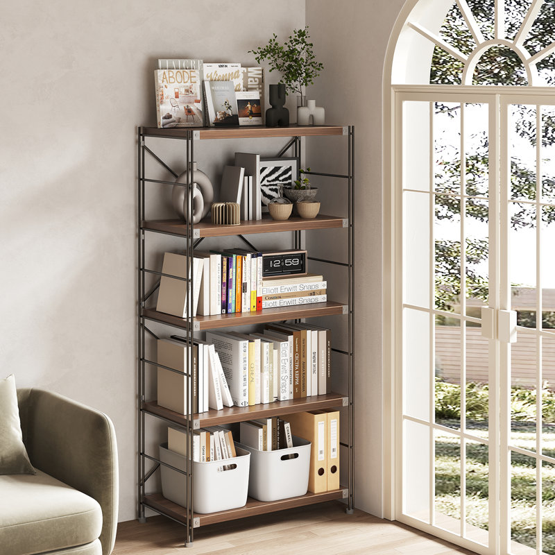 Industrial Style Wooden Bookcase With Fixed Shelves, (5 Shelves) 67"H x 32"W x 16"D, Brown/Black