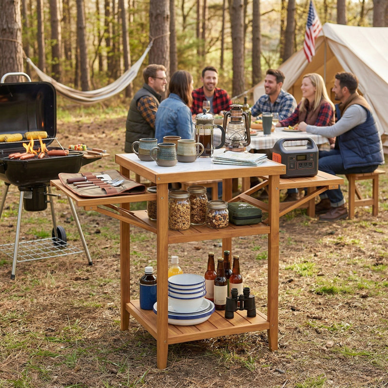 Table de barbecue d'extérieur en bois d'acacia, plateau de table en faux marbre résistant aux taches et panneaux latéraux rabattables rabattables, finition anti-corrosion résistante aux intempéries