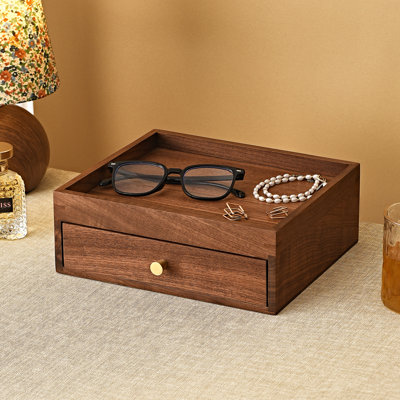 Black Walnut Wooden Desk Organizer with Drawer,Desktop Storage for Countertop Home Office Bathroom.
