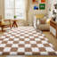 Tapis à carreaux beige et camel, antidérapant, durable et doux, idéal pour les chambres de bébé, les salles de jeux et les salons.-2030541860-2030541858