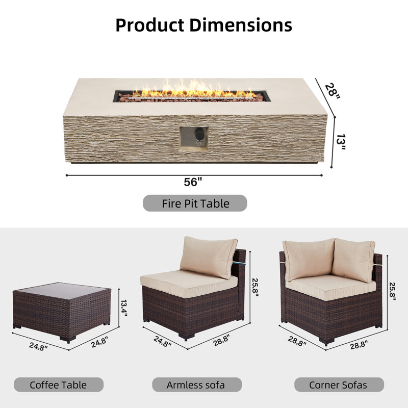 8-Piece Rattan Patio Conversation Set with Cushions and 56-Inch Outdoor Fire Pit Table, Beige
