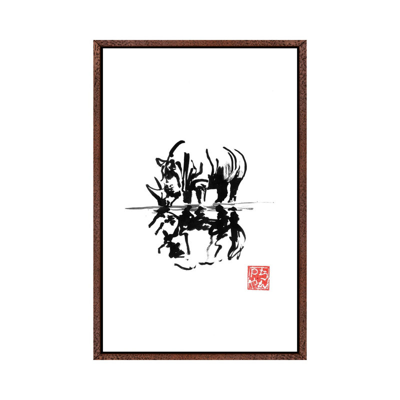Rhinoceros by Péchane - Painting on Canvas, Classic Brown Wood Framed, 101.6 cm H x 66.04 cm W