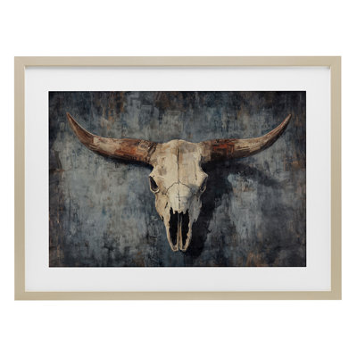 Antique Distressed Cow Skull Framed Print Under Glass, design by Nina Blue