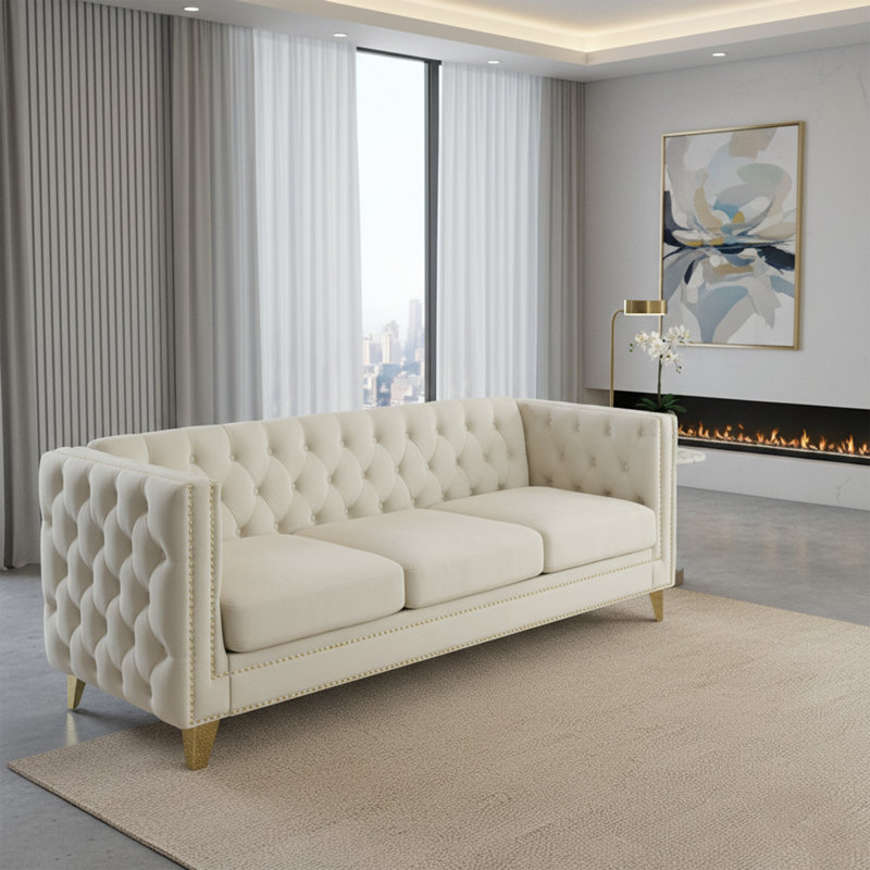 Chesterfield Velvet Sofa, Beige