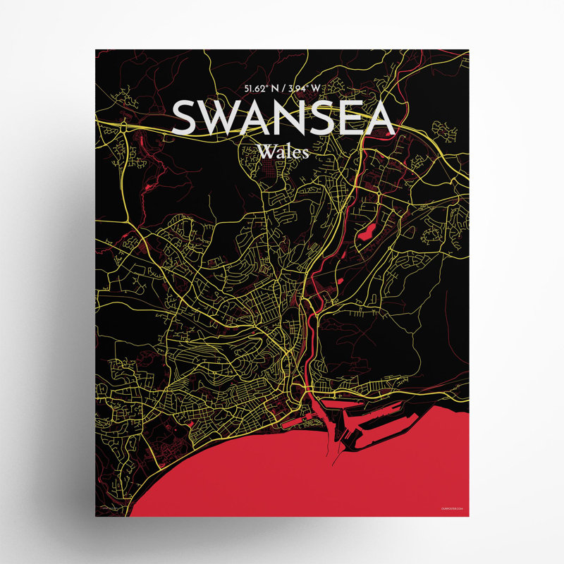 Swansea City Map, impression, Noir / rouge / jaune, H 20 po x l 16 po