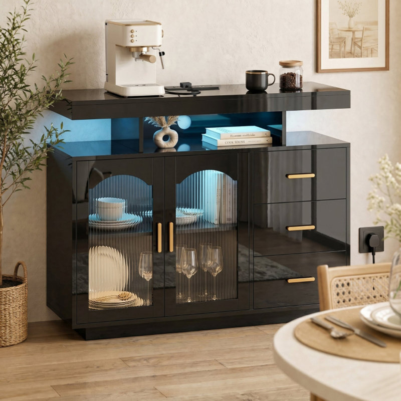 Sideboard buffet high gloss engineered wood cabinet with rgb led lights, built-in power outlets, 3 drawers and 2 acrylic doors