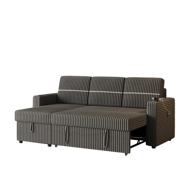 Lulla 85.11" Pull Out Sleeper L-Shaped Sofa with Storage Chaise, Grey Corduroy