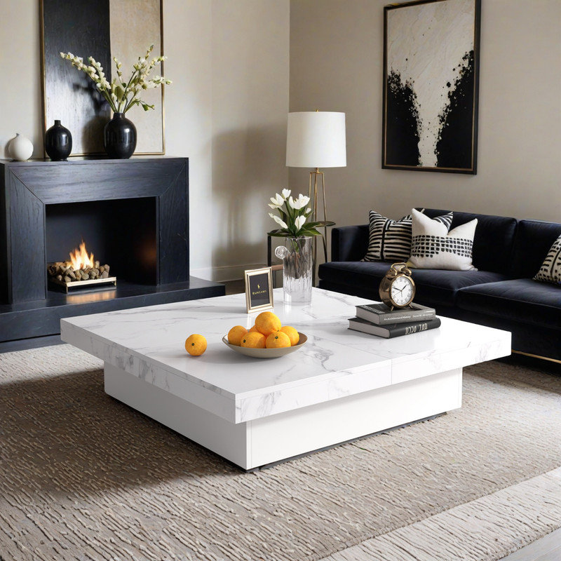 Table basse carrée 39,4 "avec plateau coulissant et rangement - Table de cocktail en placage moderne - Centre de table de salon avec compartiment caché