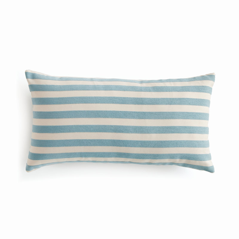 Striped Indoor/Outdoor Reversible Throw Pillow, Rectangular 12"H x 22"W, Blue/Ecru