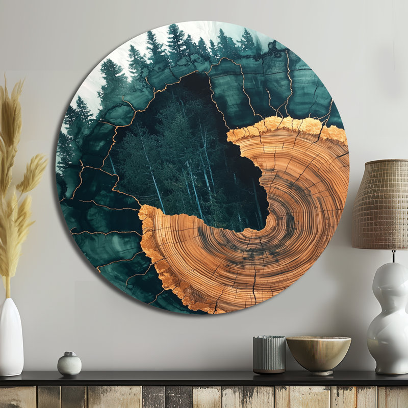 Forêt émeraude ondulant à travers les bois I - Décoration murale ronde en métal forêt, H 36 po x l 36 po