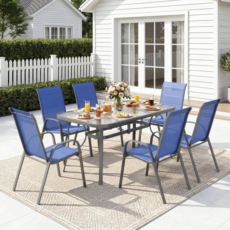 All Weather Patio Dining Set For 6, Outdoor Table And Chairs With 1.69″ Umbrella Hole,  30"X 55" Table And Stackable Chair, For Lawn, Deck (Umbrella Not Included)  (Gray Table and Navy Blue chairs)