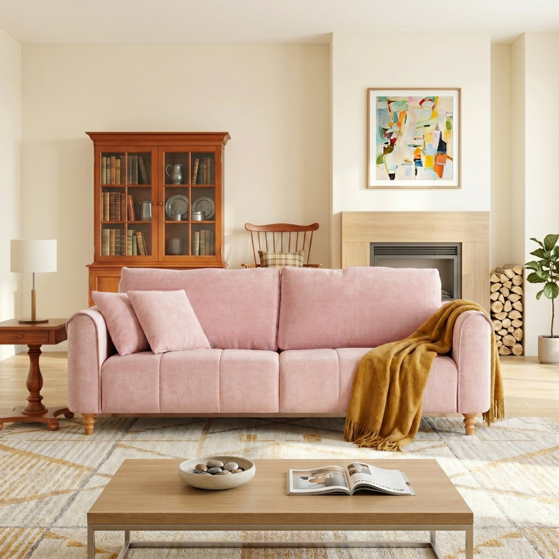 Canapé 3 places capitonné de style Mid-Century, accoudoirs évasés et siège capitonné, 221 cm de large, lin rose, Rose