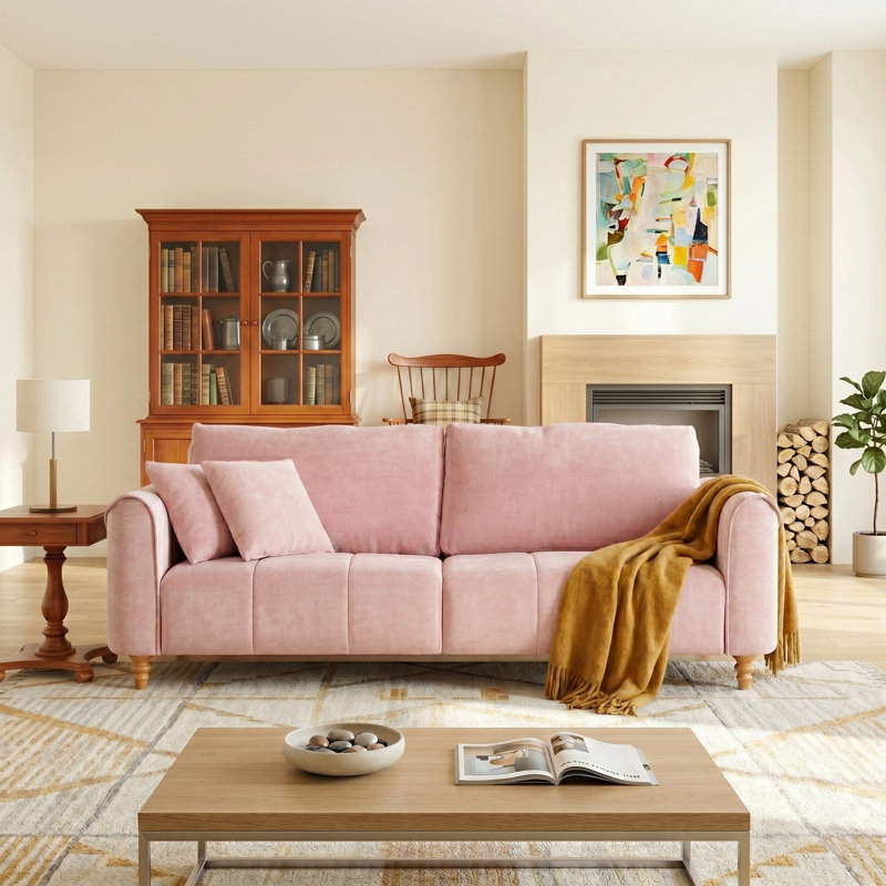 Modern Flared-Arm 3-Seat Sofa, Natural Textured Linen,pink, Pink