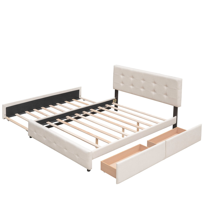 Grand lit en tissu d'ameublement en lin avec 2 tiroirs et lit gigogne simple sans sommier tapissier - beige, Beige, Grand lit