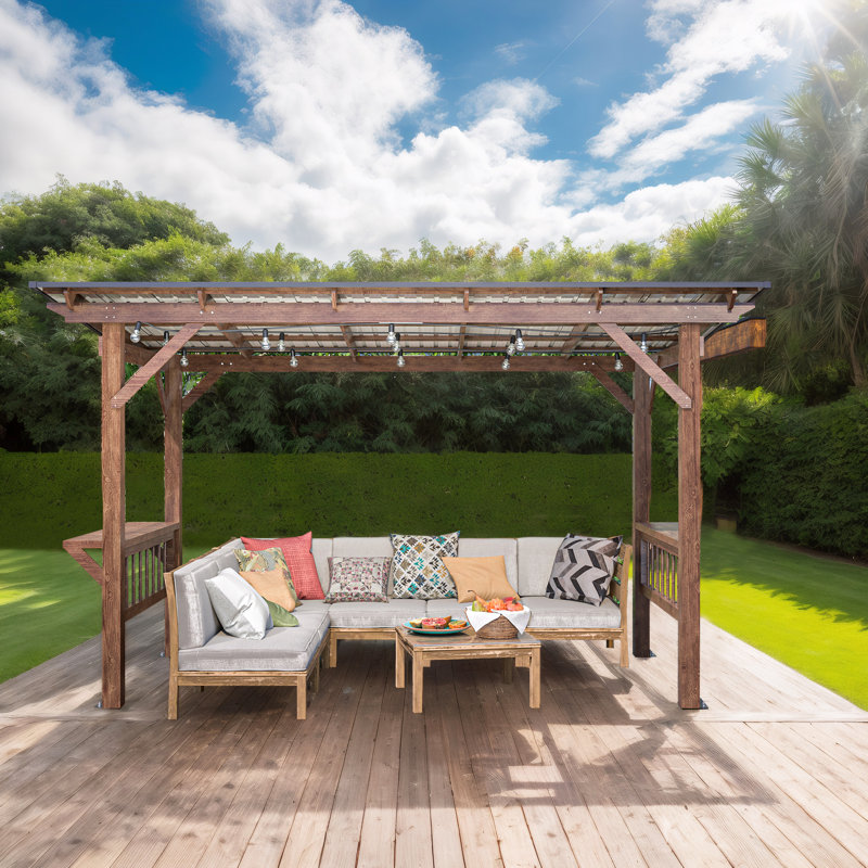13' x 6.5' Wooden Pergola Grill Gazebo with Metal Roof,Bulbs,Bar Counters for patio, backyard or swimming pool.