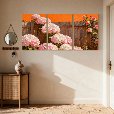 Fleurs d'hortensia sur fond de clôture en bois, ensemble de 3 impressions d'art sur toile