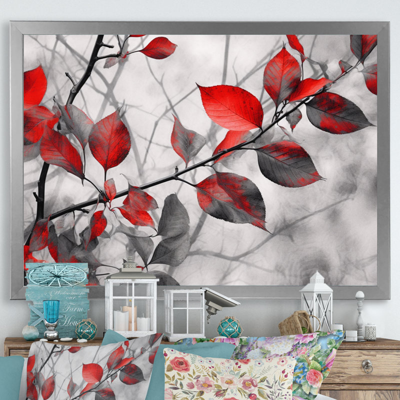 «Red Grey Leaves On Tree IV», reproduction d'art sur toile, Cadre simple argenté, H 12 po x l 20 po x P 1 po