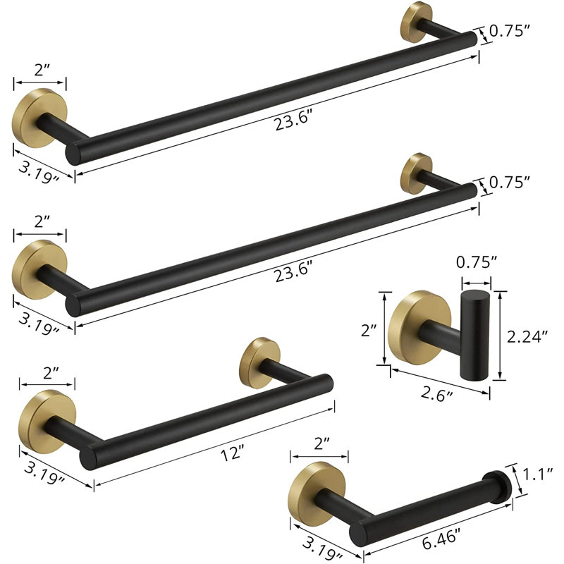 5 - Piece Bathroom Hardware Set, Black/Gold