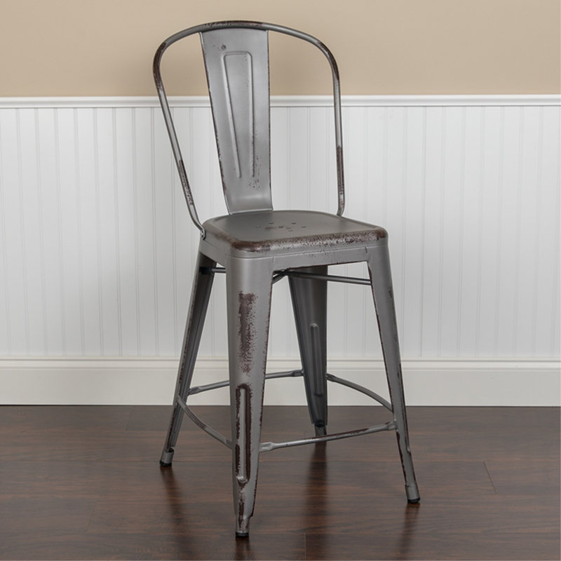 Tabouret de bar Iddings, Argent patiné, 1, Tabouret de comptoir (siège d'une hauteur de 24 p