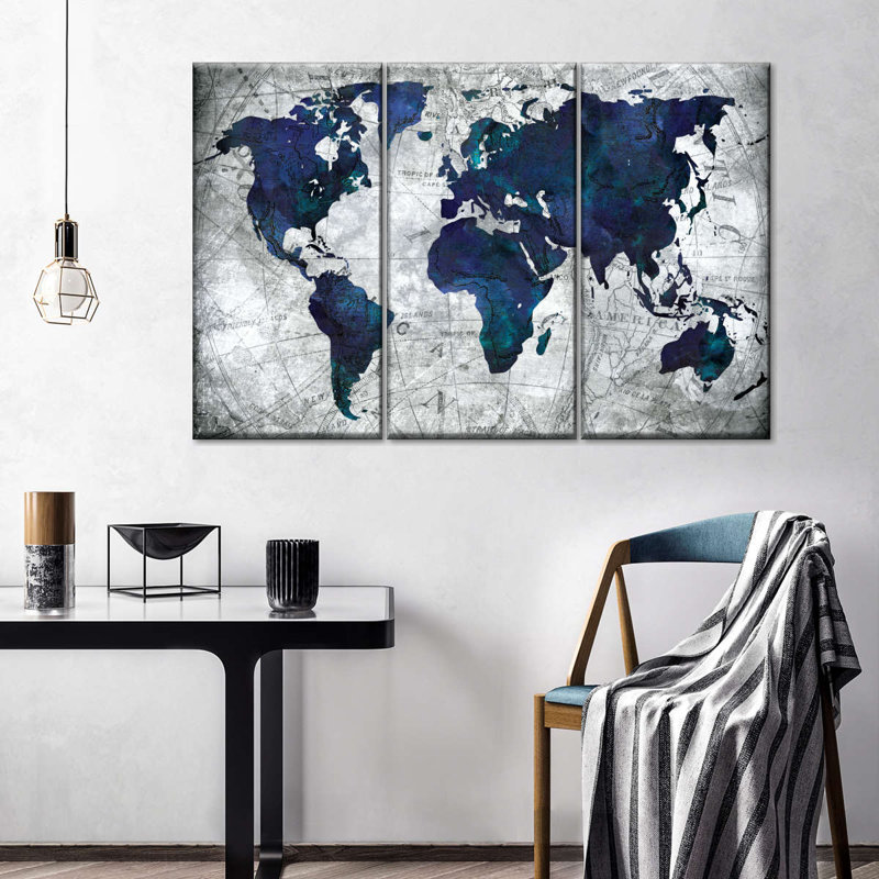 Ensemble de carte du monde sur toile 3 pièces, H 36 po x l 57 po x P 1,25 po